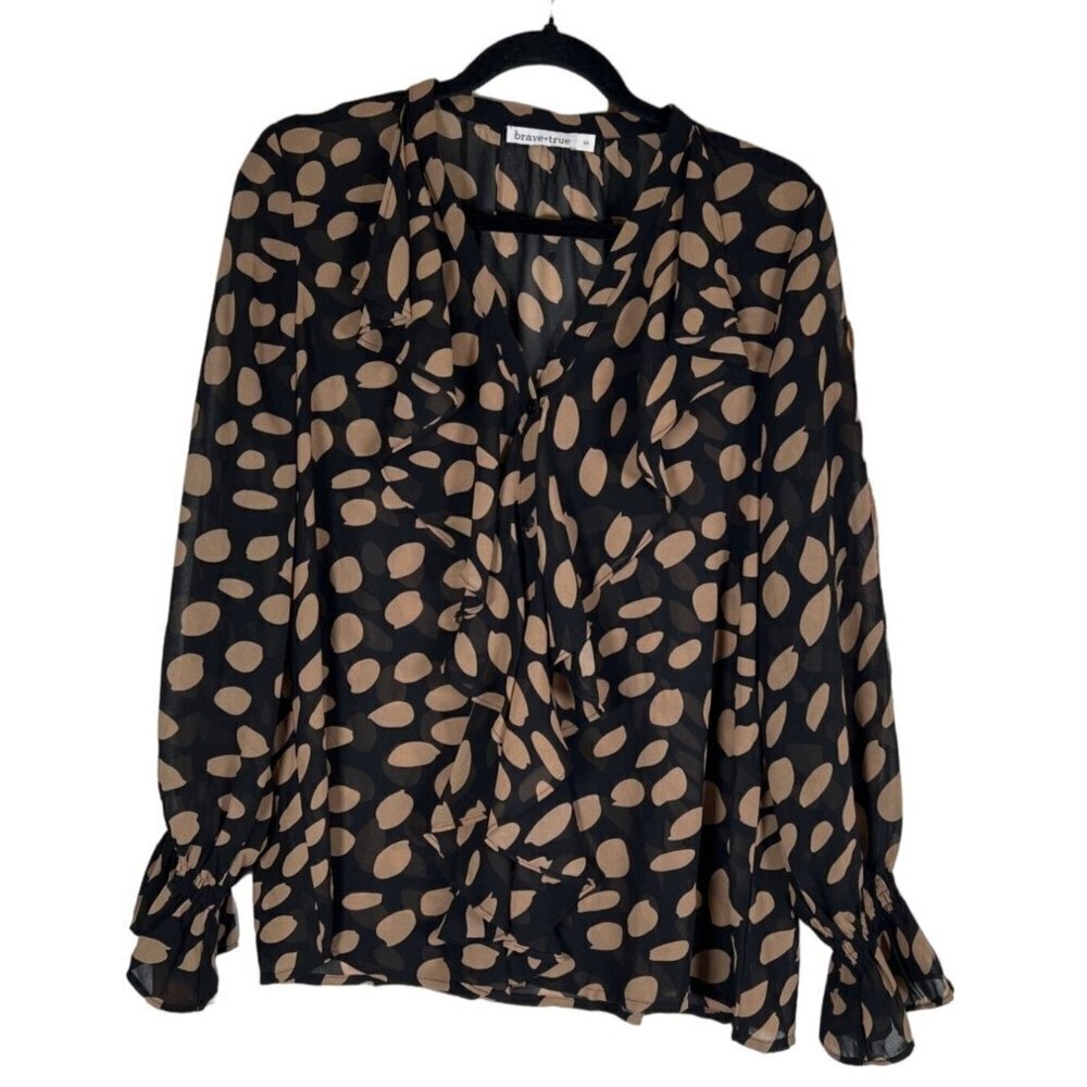 Brave +True Women Size S Sheer Peasant Boho Blouse Black Tan Abstract Leaf Print